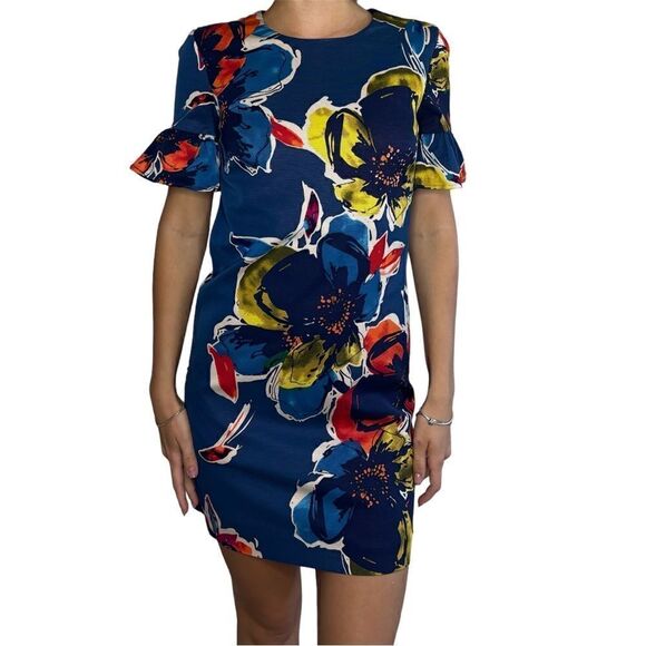 Trina Turk Mini Colorful Dress Short Sleeve Floral Stretch Crepe Shift Size XS - Picture 1 of 12